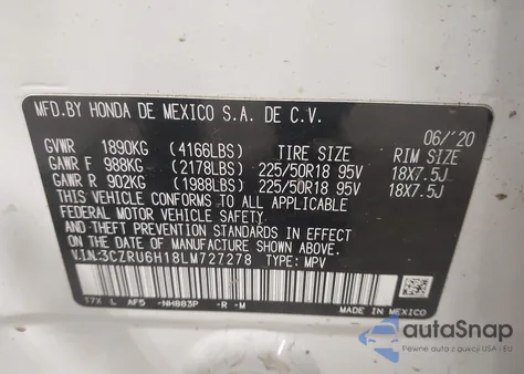 2020 Honda Hr-V Awd Sport из США, поврежденный, VIN 3CZRU6H18LM727278